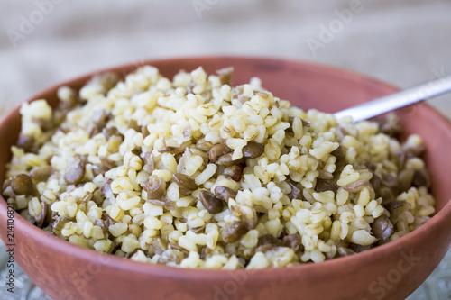 Turkish foods; green lentil with bulgur food pilav (yesil mercimekli bulgur pilavi) photo