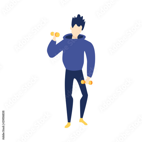 Vector flat young slim man in athletic clothing - hoodie sweater, pullover doing dumbbells exercises Active lifestyle male character, having fun doing sport. Isolated illustration, white background.