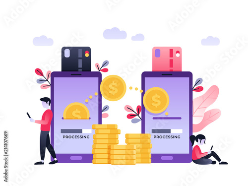 Cool ultraviolet vector contactless direct person to person payment using smart phone application and bank account credit card data. Concept design on people using their phones as electronic wallets