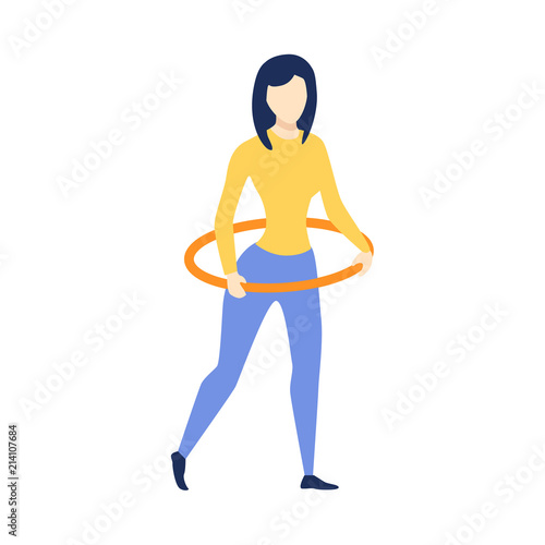 Slim woman twirling hula hoop around her waist, flat style vector illustration isolated on white background. Flat style woman, girl twirling hula hoop, full length portrait