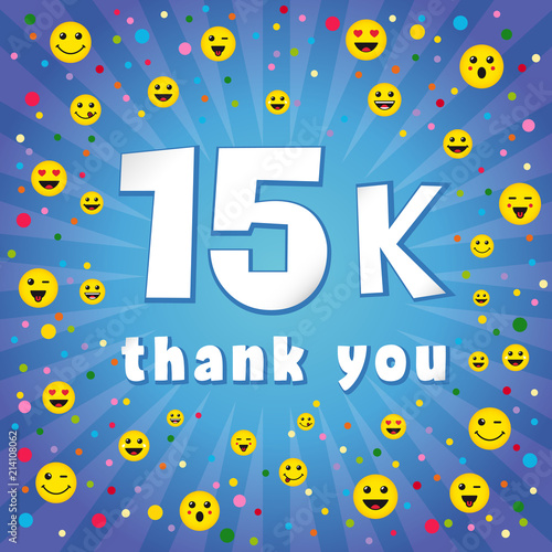 Thank you 15000k followers. Congratulating online thanks, image for net friends, customers 15 000k likes. Isolated sign, graphic elements. Blue colour background, white paper text. 15 % percent off.