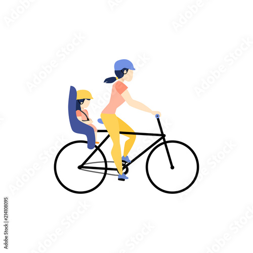 Woman in helmet riding a bike, bicycle with little girl sitting in rear baby seat, mother and daughter, stylized flat vector illustration isolated on white background. Mother and daughter riding bike