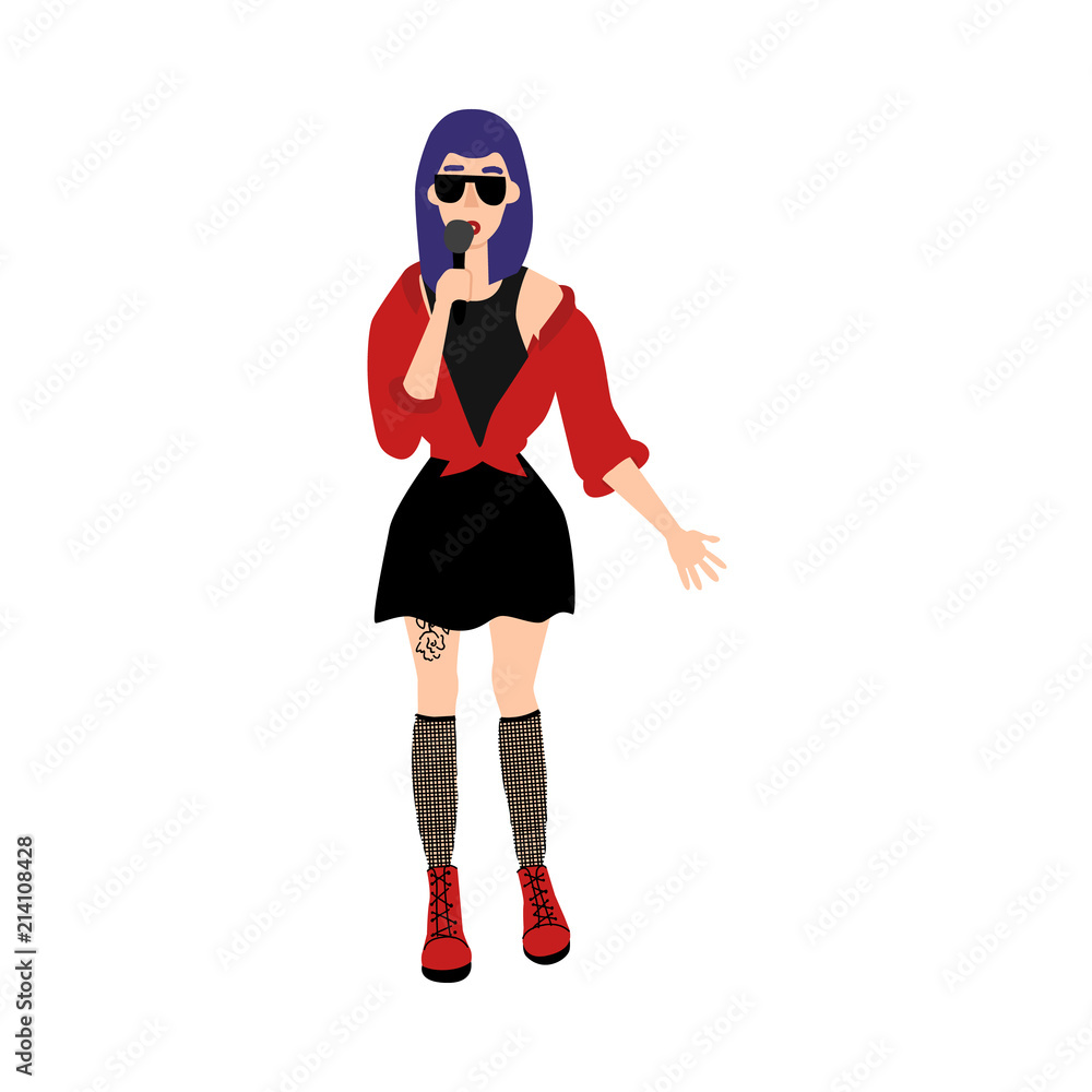 Young woman singing at microphone. Rock music, culture people set. Heavy metal, punk rock style clothing, haircut female character. Isolated illustration, white background Young woman singing at microphone. Rock music, culture people set. Heavy metal, punk rock style clothing, haircut female character. Isolated illustration, white background