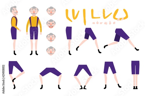 Vector flat old man creation set. Illustration with elderly senior grey-haired male character with different face emotions, body parts, legs arms positions, gestures various view. Isolated background