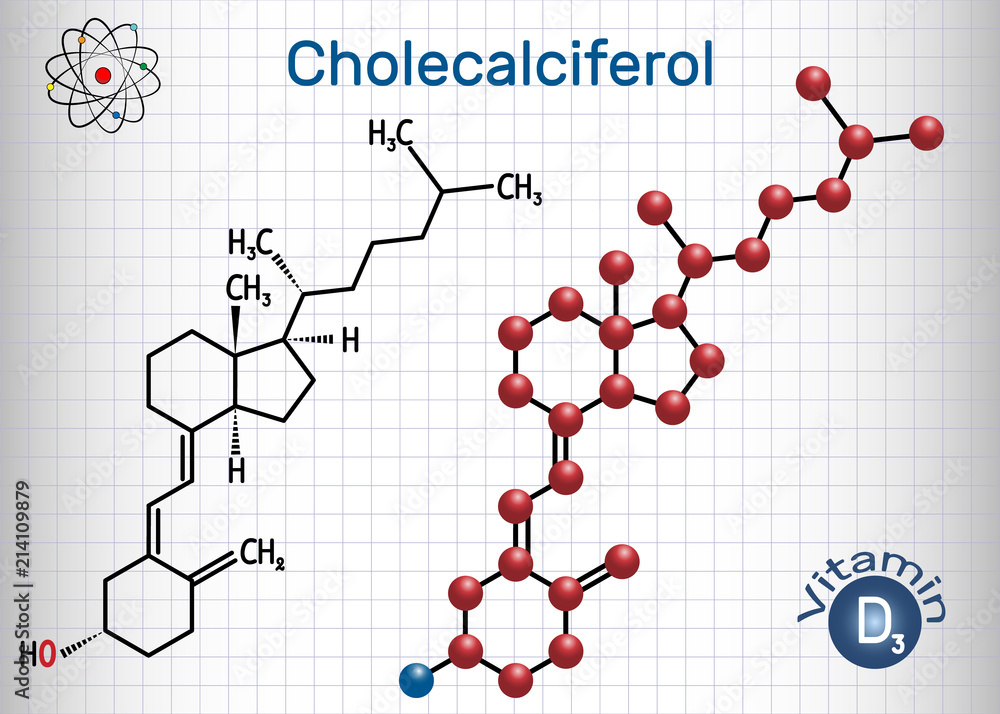 Cholecalciferol ( colecalciferol, vitamin D3) molecule. Structural chemical formula and molecule model. Sheet of paper in a cage