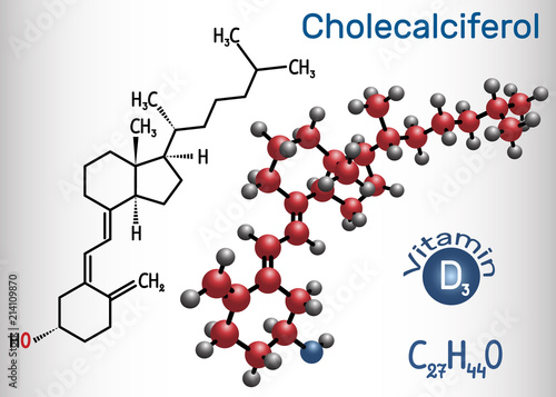 Cholecalciferol ( colecalciferol, vitamin D3) molecule. Structural chemical formula and molecule model