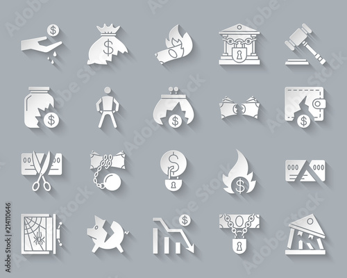 Bankruptcy simple paper cut icons vector set