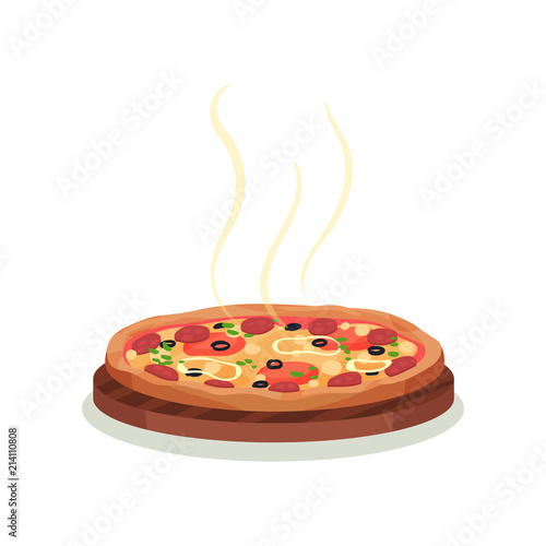 Traditional Italian pizza on wooden board. Delicious fast food. Culinary theme. Flat vector for promo flyer or poster of pizzeria