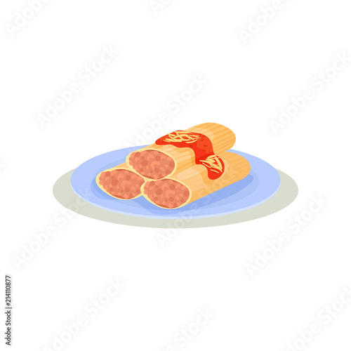 Traditional Italian cannelloni stuffed with meat. Delicious dish in ceramic plate. Cooking theme. Flat vector for cafe or restaurant menu