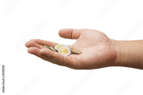 Coins in Hand Isolated on White Background, Egyptian Pounds