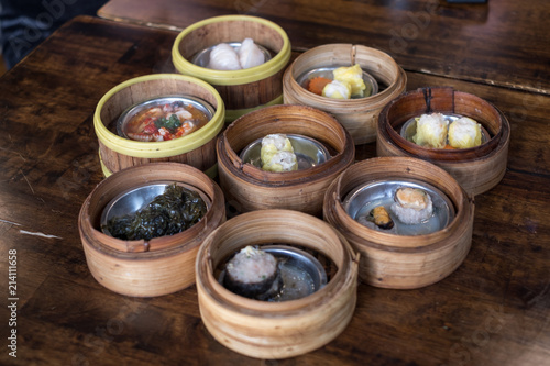 Top view Dim sum are steamed in a bamboo basket at the restaurants.