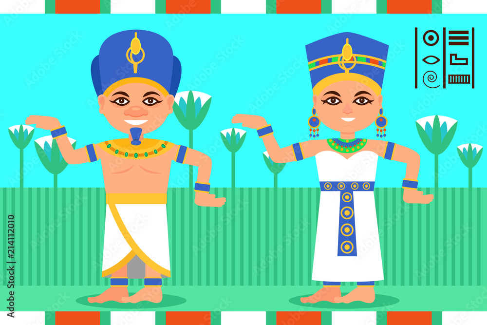 Egyptian man and woman in dancing action. Pharaoh and queen of Egypt in traditional clothes. Lotus flowers on background. Flat vector Egyptian man and woman in dancing action. Pharaoh and queen of Egypt in traditional clothes. Lotus flowers on background. Flat vector