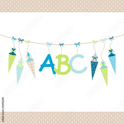 Hängende bunte Schultüten & ABC Junge Punktbordüre