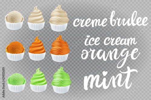 vector set creme brulee, vanilla, orange, mint, kiwi Ice cream in the cone on transparent background lettering hand made text