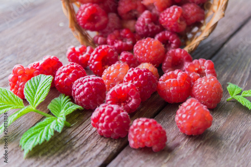 fresh raspberries on a wooden table,scattered berries