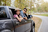 Young couple driving in car traveler. Travel concept
