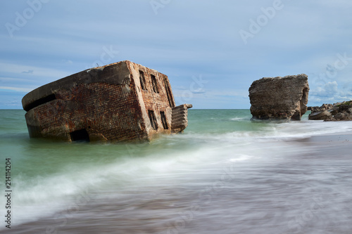 Bunker ruins near the Baltic Sea beach, part of the old fortress in the former Soviet Union base 