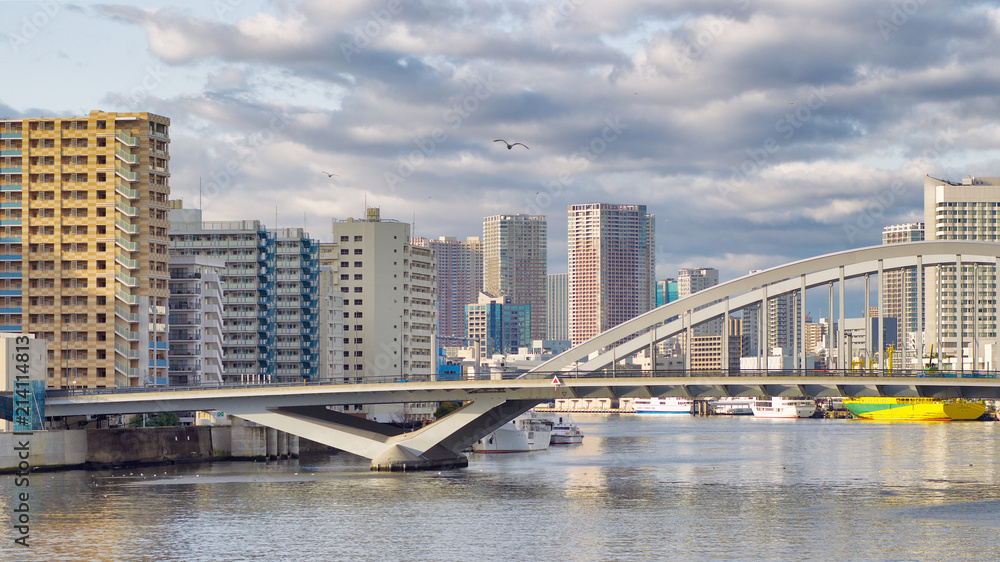 Tsukiji Bridge for crossing Sumida River in the morning, Full HD ratio, shoot from Kachidoki Bridge, Tokyo, Japan