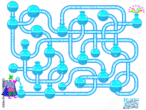 Logic puzzle game with labyrinth for children and adults. Find the way for the chemical reaction from the wizard till the fireworks. Vector cartoon image.