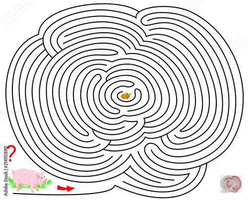 Logic puzzle game with labyrinth for children and adults. Help the pig find the way till the acorn. Vector cartoon image.