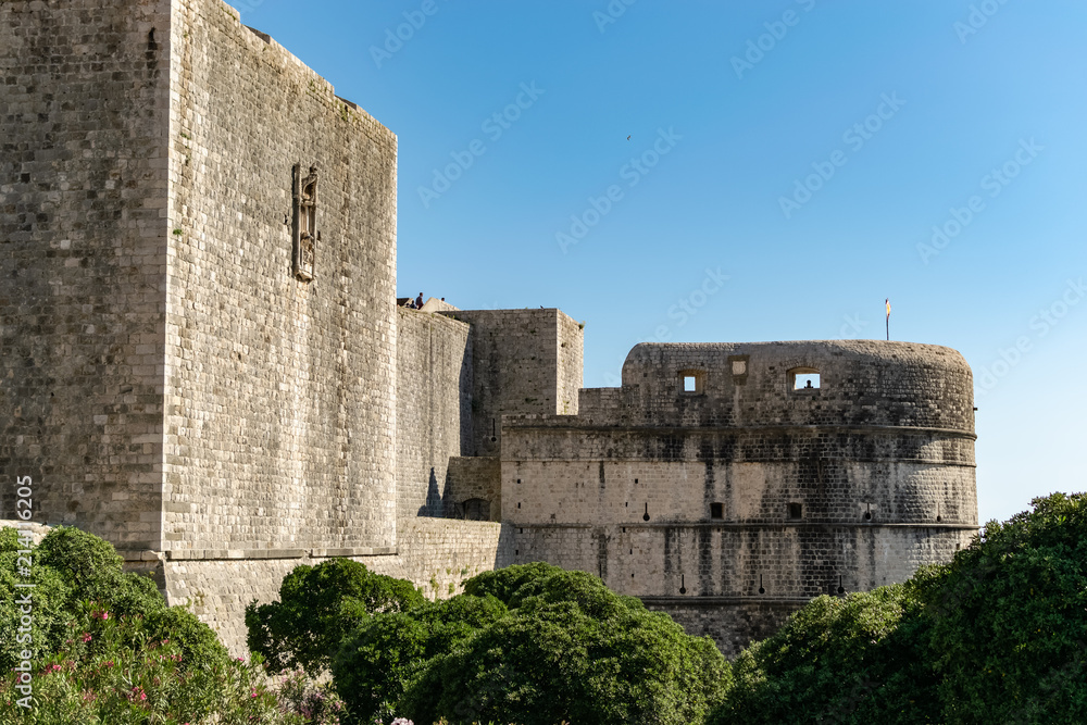 View of the imposing Tvrđava Bokar Fort in the walled city of Dubrovnik, especially well preserved where you can see its canyons. In Dubrovnik, Ragusa, Croatia.