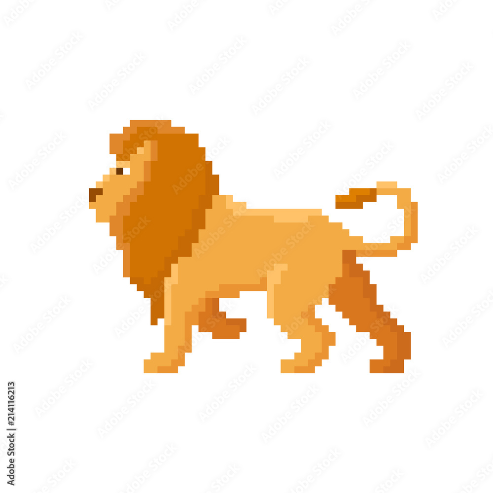 Fototapeta premium Pixel lion isolated on white background. 8 bit vector illustration