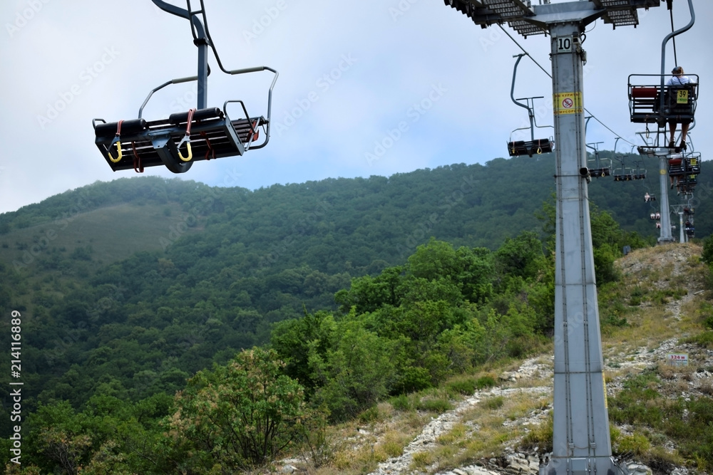 Gelendzhik, Russia - June 27, 2018: Cableway in Safari park leading to the top of the Markotkh ridge Gelendzhik, Russia - June 27, 2018: Cableway in Safari park leading to the top of the Markotkh ridge