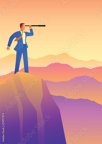 Businessman using telescope on top of the mountain
