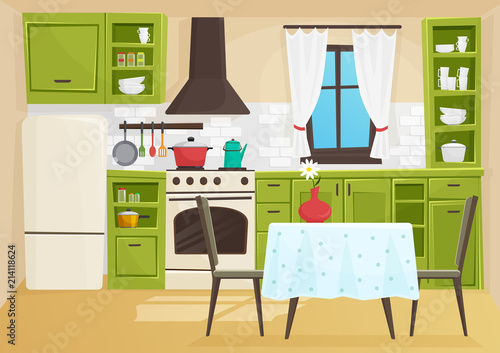 Vector cartoon volumetric illustration of vintage retro kitchen interior.