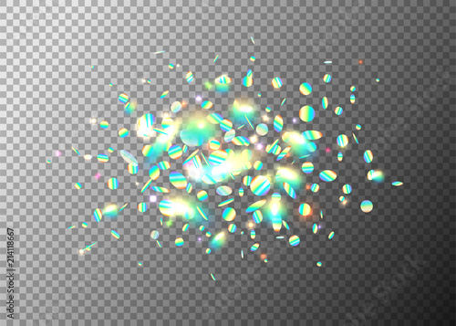 Rainbow holographic effect background with glitter, neon, light foil particles. Iridescent round shape fraction at the centre, glitch explosion
