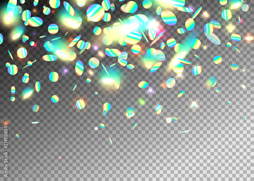Rainbow holographic effect background with glitter, neon, light foil particles. Iridescent round shape falling, floating elements. Motion dynamic glitch vector