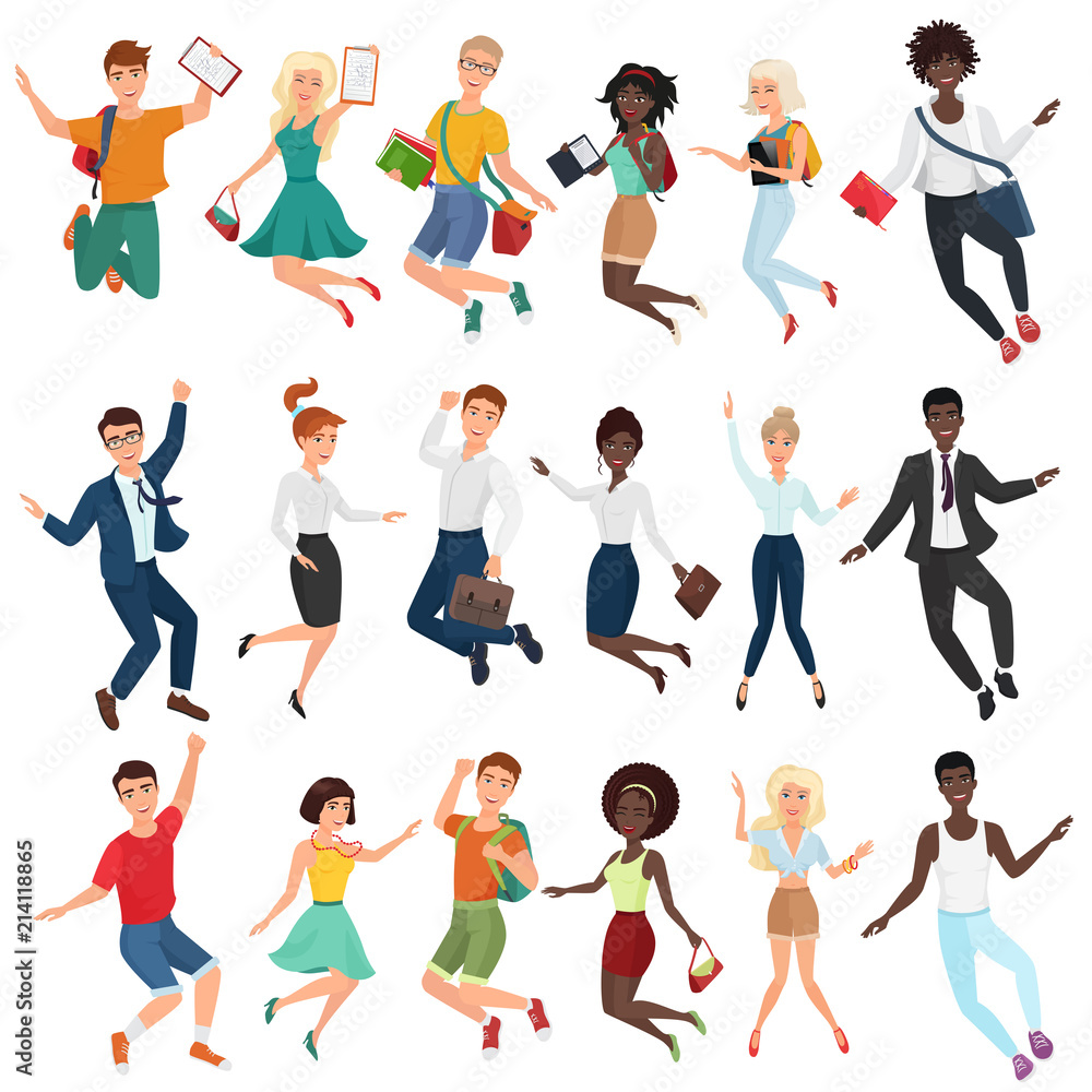 Jumping and dancing happy young people in casual and formal clothes. Flat cartoon vector jump characters set. Jumping male, jumping female.