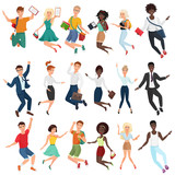 Jumping and dancing happy young people in casual and formal clothes. Flat cartoon vector jump characters set. Jumping male, jumping female.