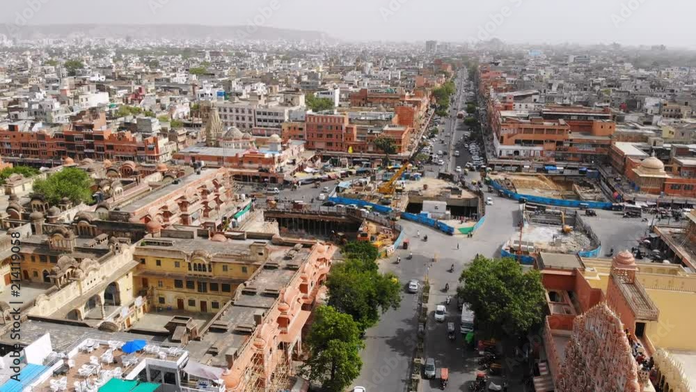 Aerial panoramic view of Hawa Mahal (Palace of the Winds), pink/red sandstone, in famous historical city of Jaipur (Pink City) - capital city of Rajasthan, landscape panorama of Northern India, Asia Aerial panoramic view of Hawa Mahal (Palace of the Winds), pink/red sandstone, in famous historical city of Jaipur (Pink City) - capital city of Rajasthan, landscape panorama of Northern India, Asia
