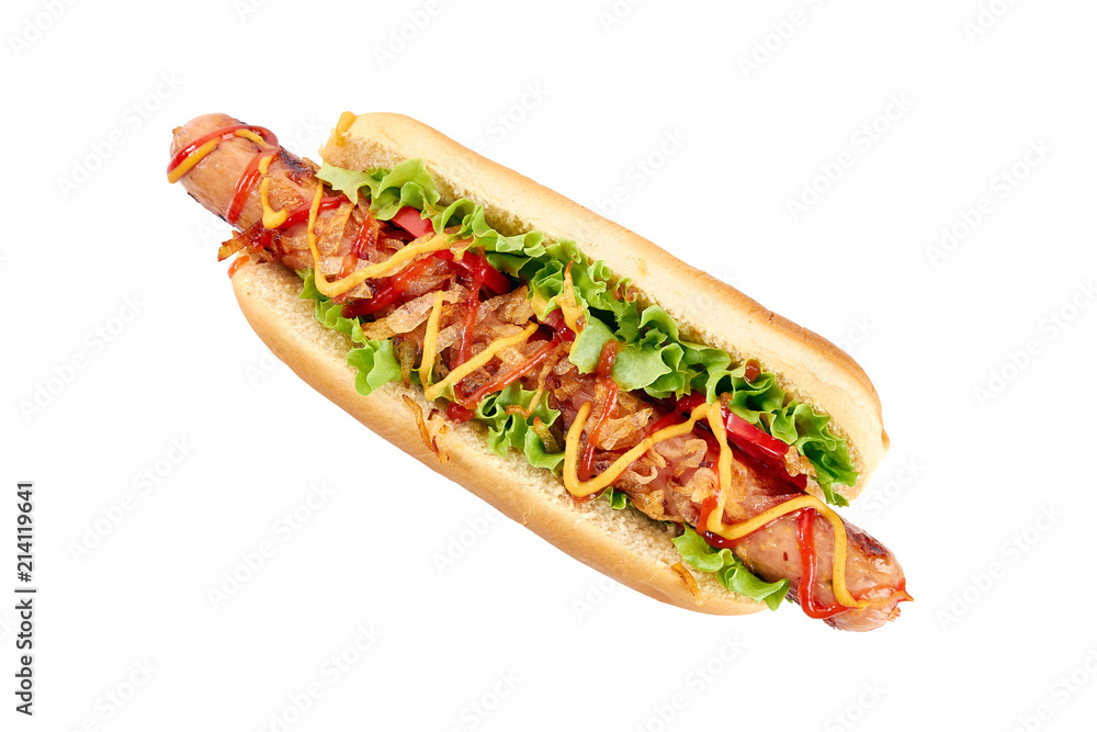 Hot dog with long sausage and vegetables on white Hot dog with long sausage and vegetables on white