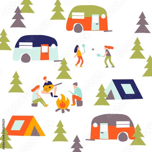 Campaign in the forest. Summer season background vector illustration flat design