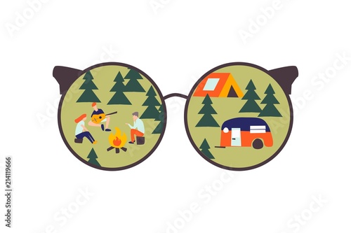 Through glasses. Campaign in the forest. Summer season background vector illustration flat design