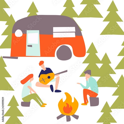 Campaign in the forest. Summer season background vector illustration flat design