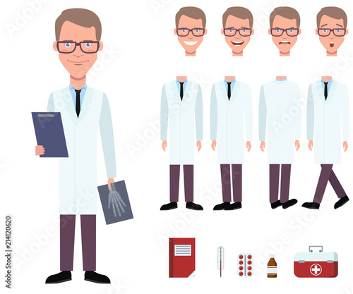 Radiologist in lab coat holding x-ray image character set with different poses, emotions, gestures. Part of body, book, drugs, medical box. Can be used for topics like doctor, medicine, healthcare