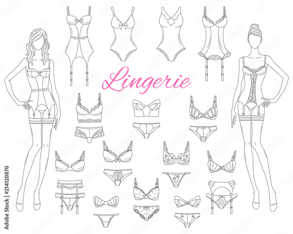 Female lingerie collection with beautiful fashion models, vector sketch illustration. Female lingerie collection with beautiful fashion models, vector sketch illustration.
