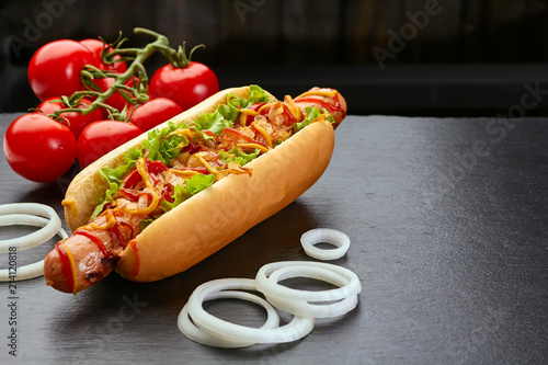 Hot dog with tomatoes and onion on dark slate background