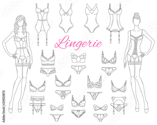Female lingerie collection with beautiful fashion models, vector sketch illustration.