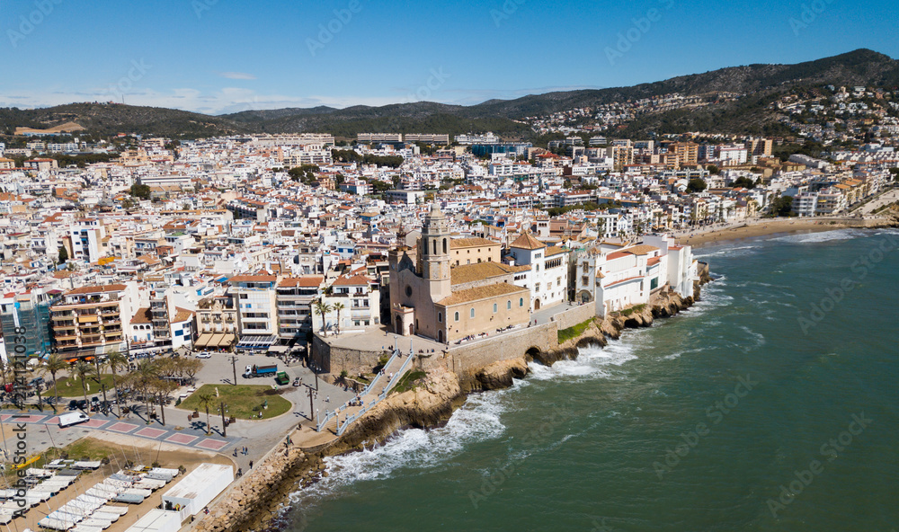 Aerial view of mediterranean resort town Sitges, Spain