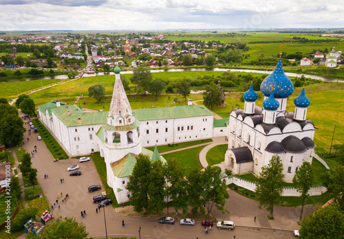 Aerial view of Suzdal Kremlin with Cathedral of Nativity