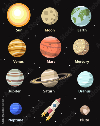 planets and astronomical bodies, colorful flat style illustrations. All planets of Solar System (plus Moon and Pluto). Science, astronomy, education objects vector set