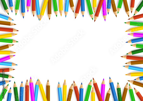 colored pencils arranged around white copy space background template