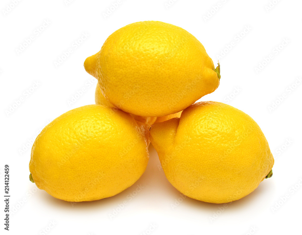 Three lemons isolated on white background. Tropical fruit. Flat lay, top view Three lemons isolated on white background. Tropical fruit. Flat lay, top view