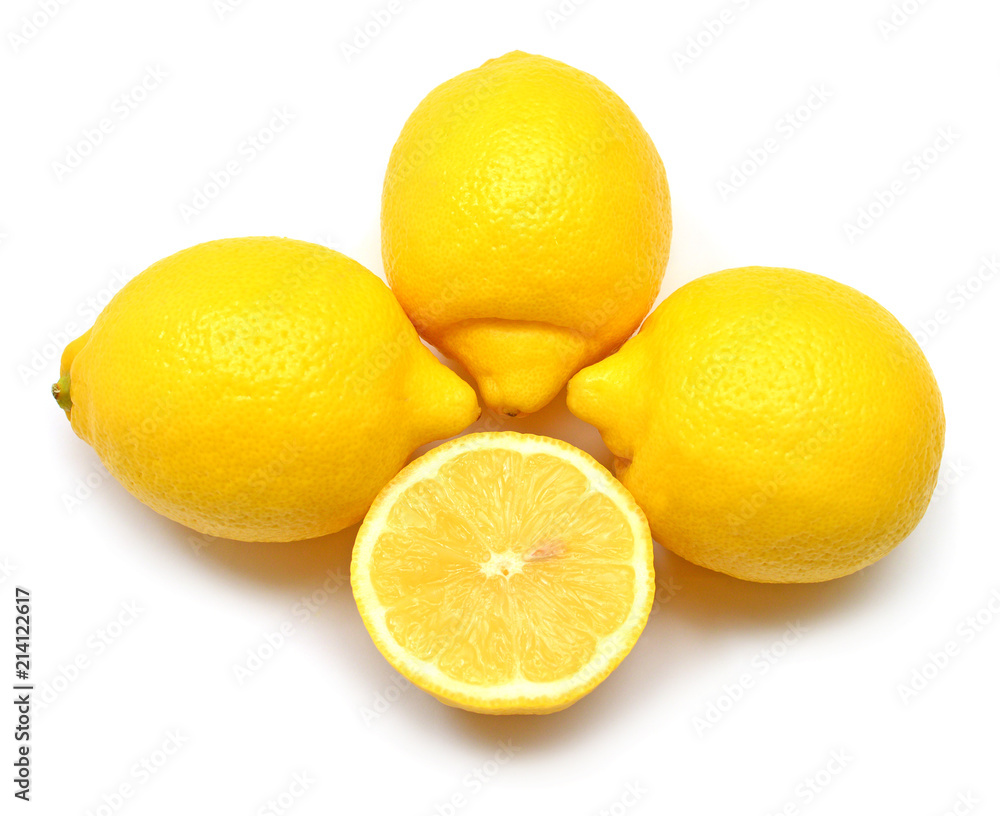 Lemons creative whole and half isolated on white background. Yellow fruit. Flat lay, top view