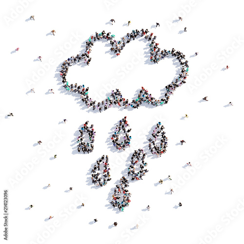 A lot of people form a cloud with a rain, children's drawing