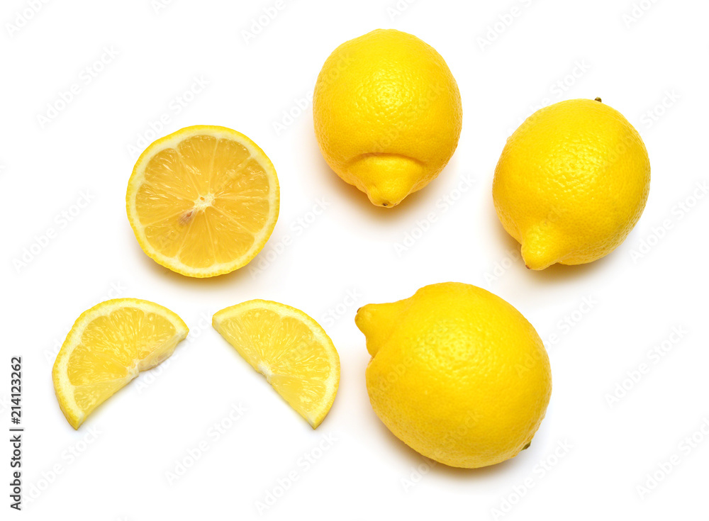Lemons creative whole, half and slices isolated on white background. Yellow fruit. Flat lay, top view